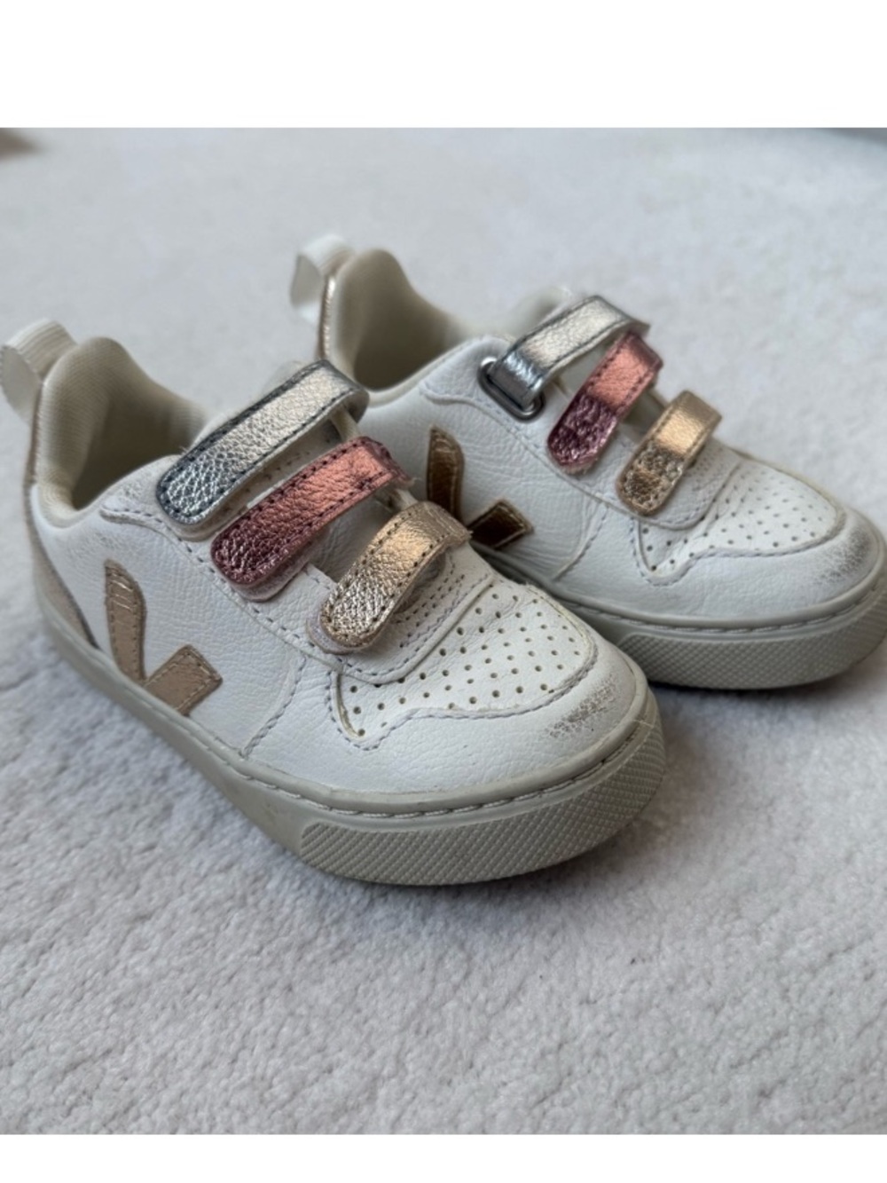 Veja Kids White Sneakers with Metallic Pink, Gold & Silver Straps